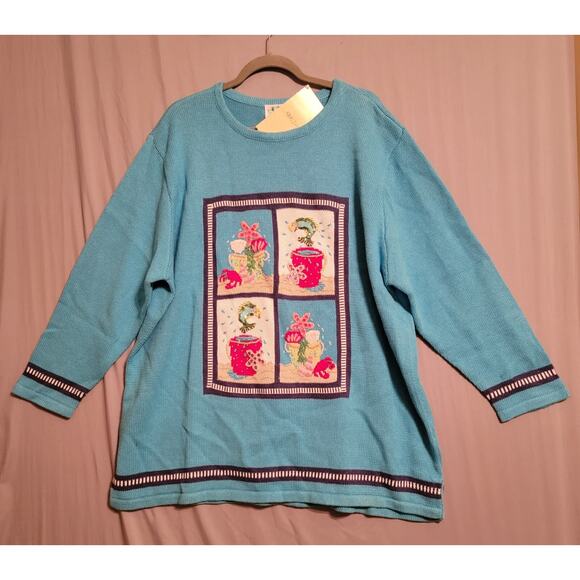 Quacker Factory Women's 2X Turquoise Blue Sweater Sequin Fish Sea Creatures NWT - Picture 1 of 14